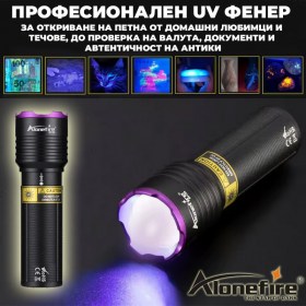 Професионален UV фенер AloneFire SV136 365nm с телескопичен Zoom и USB Type-C